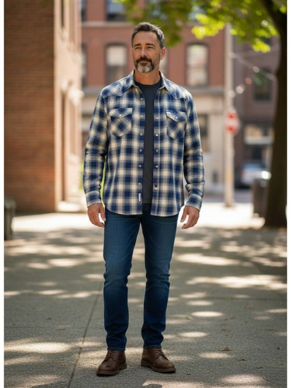 Wrangler Mens Blue Brown Plaid Button-Up Shirt Large Cotton Long Sleeves Western